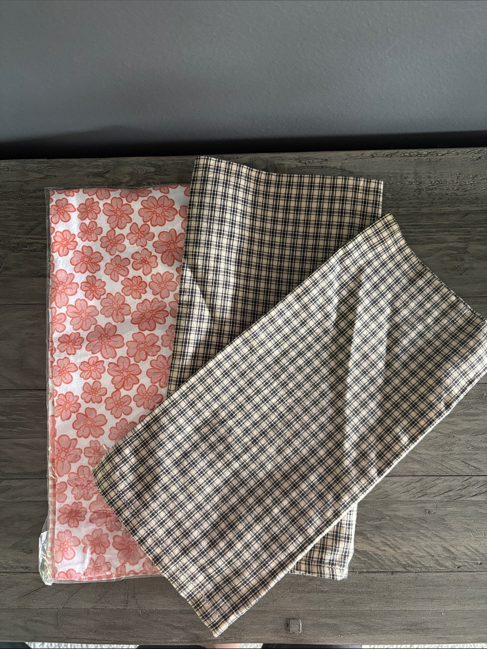 Plaid and Floral hand towels - Pink & Beige Plaid